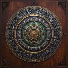 Fototapeta premium Intricate circular design on wooden panel with green and gold accents