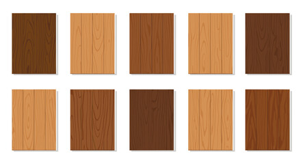 Naklejka premium A comprehensive collection of ten rectangular wood swatches displays a diverse range of natural grain patterns and rich colors from light oak to dark mahogany.