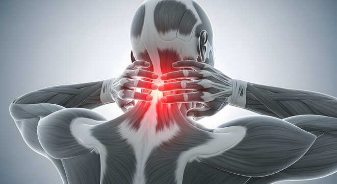 Neck muscle strain and tension relief. Myofascial pain and physical therapy exercise. Back view of a muscular man holding his neck with red inflammation points