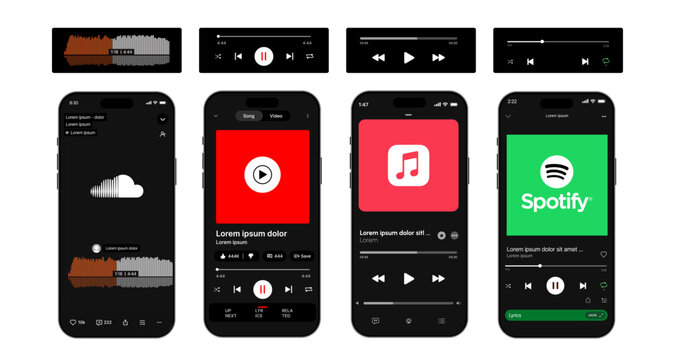 Spotify, YouTube Music, Apple Music, and SoundCloud mobile UI mockup, music streaming app interface design, playlist and player templates, social media layout for audio content sharing and music disco