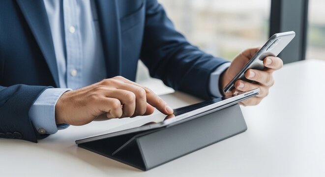 Man in blue suit jacket using tablet and smartphone at desk