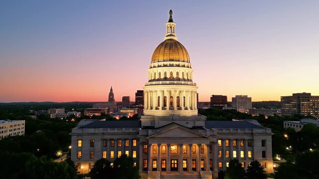 Golden dome of a state capitol building at sunset, neoclassical architecture and government headquarters, legislative city skyline, sunset twilight colors