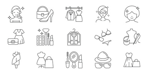 Fototapeta premium Fashion and beauty icons set for clothing accessories makeup and style related designs