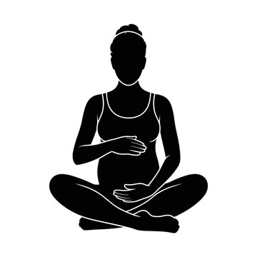 Pregnant woman meditating in lotus pose silhouette, prenatal yoga and mindful maternity concept, isolated black figure for wellness poster or motherhood design