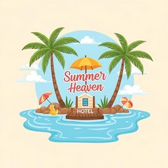Fototapeta premium Summer paradise scene with palm trees beach umbrella and resort illustration
