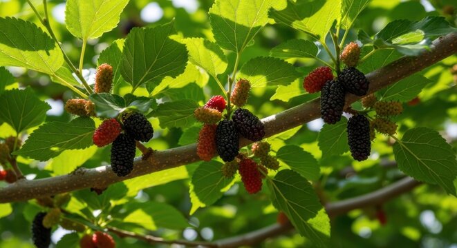 Ripe Mulberries on a Branch A Summer Harvest Delight.