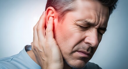 Fototapeta premium Ear infection and tinnitus symptoms. Hearing loss and audiology health care. Mature man wincing in discomfort while covering his sore ear with his hand