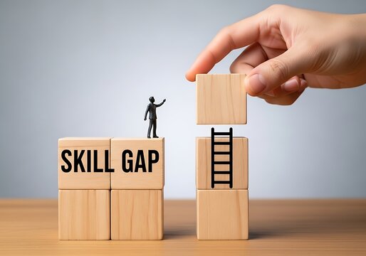 Wooden blocks with skill gap and ladder miniature person