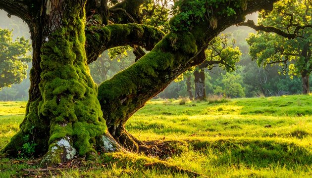 A serene mossy tree in a sunlit green meadow
