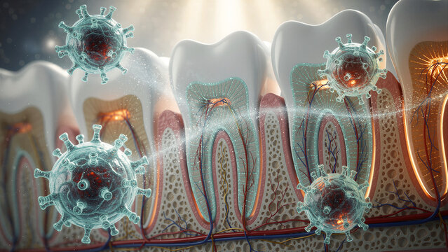 A detailed 3D rendering illustrates human tooth anatomy in cross-section, showing enamel, dentin, pulp, nerves, and vessels, with multiple transparent virus-like particles actively attacking the...