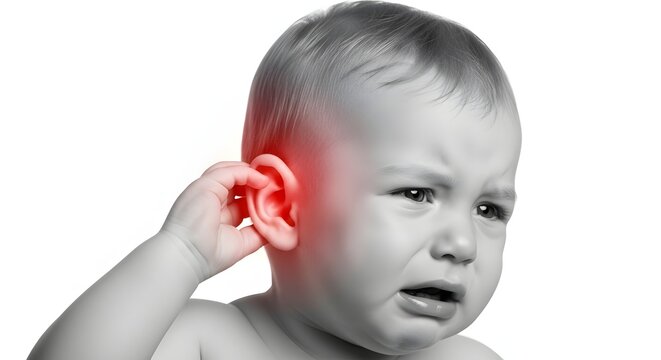 Crying baby boy with earache and inflammation. Pediatric health care and otitis media. Toddler holding his ear in pain while suffering from a middle ear infection