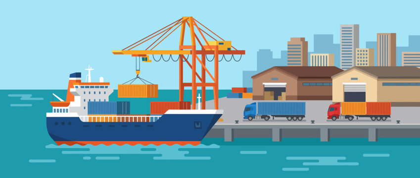 A vector illustration showcases a large cargo ship being loaded at a shipping terminal, emphasizing transportation, logistics, and supply chain processes.