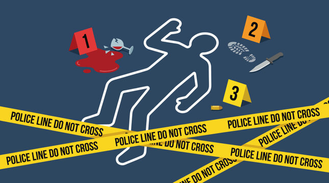 This image depicts a crime scene layout featuring a chalk outline of a body, blood stains, evidence markers, and police tape indicating the area is off-limits.