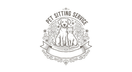 Obraz premium Vintage Engraved Pet Sitting Service Logo with Dog and Cat