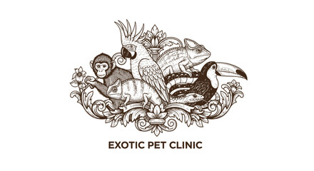 Naklejka premium Vintage Engraved Exotic Animals Emblem: Monkey, Parrot, Toucan, Chameleon, Lizard