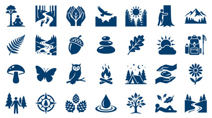 Nature and outdoor activities icons set representing environmental conservation, healthy lifestyle, and recreational pursuits in a forest setting © Iconique Studio