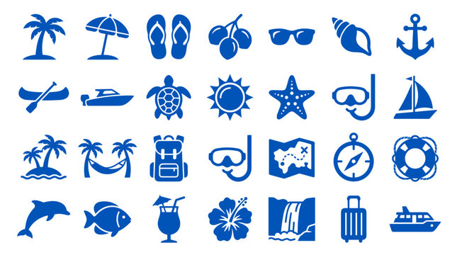 Collection of blue summer vacation icons representing travel beach relaxation and outdoor activities like swimming and sailing