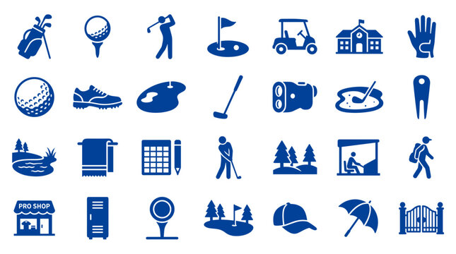 Collection of blue golf icons representing various aspects of the sport including equipment players course elements and facilities on a white background