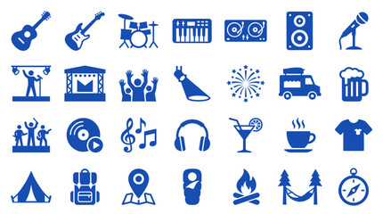 Collection of blue icons representing music festival activities and outdoor adventure elements for event planning and travel inspiration © Iconique Studio