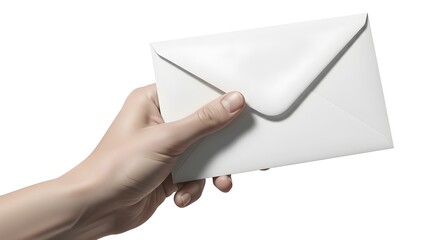 Fototapeta premium Closeup of a hand holding a blank white envelope isolated on white background