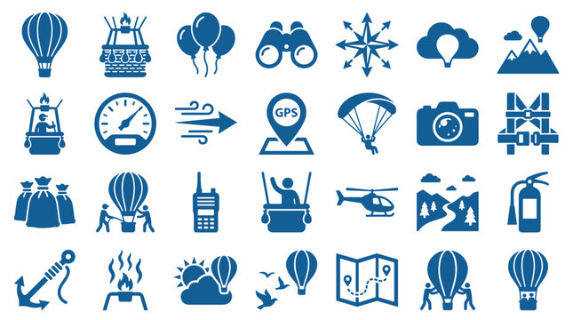 Collection of blue adventure and travel icons including hot air balloons parachutes binoculars and navigation tools for outdoor activities and exploration
