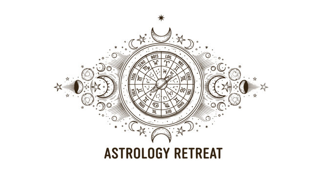 Astrology chart with moon phases, stars, and zodiac symbols, vintage engraved style