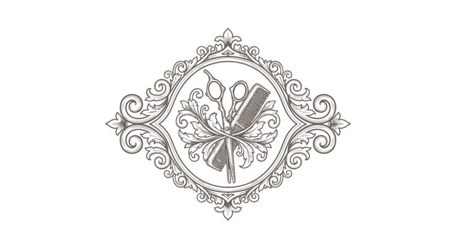 Vintage Engraved Hairdresser Emblem with Scissors and Comb, Ornate Frame