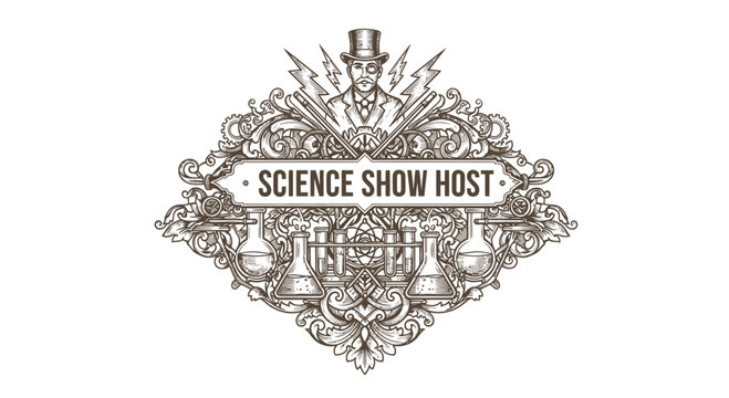 Vintage Science Show Host Emblem with Flasks and Lightning