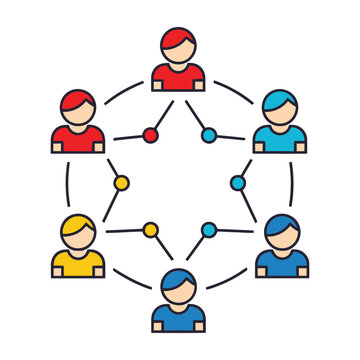 Six people in a circle connected by lines and dots representing teamwork and communication