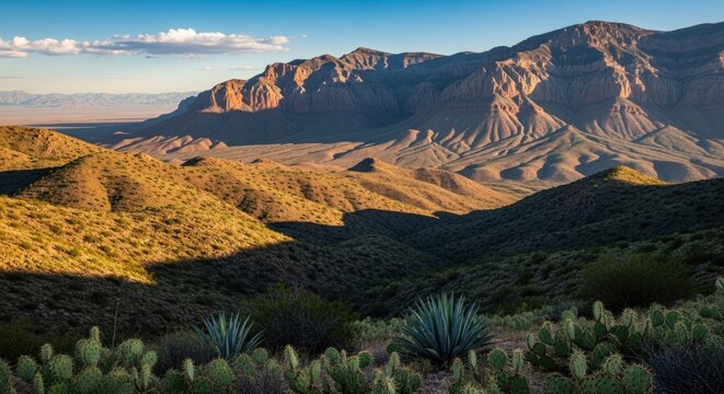 Desert landscape with mountains and cacti in the foreground.