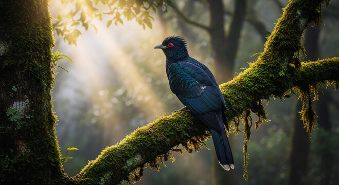 Majestic koel bird on tree branch in dense forest