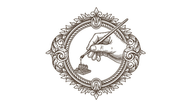 Vintage engraved hand holding quill pen and inkwell in ornate frame