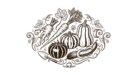 Obraz premium Vintage Engraved Garden Vegetables Illustration - Harvest Bounty