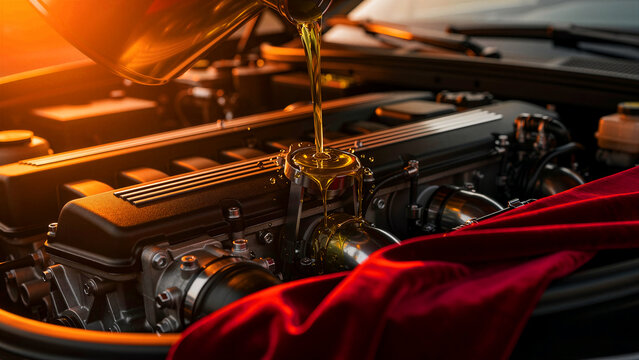 Golden automotive motor oil pours from a metal container into the intricate black engine block of a high performance vehicle to ensure optimal lubrication and smooth internal operation for peak