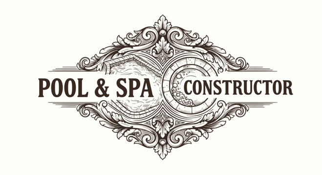 Vintage Pool and Spa Constructor Logo with Ornate Engraved Details