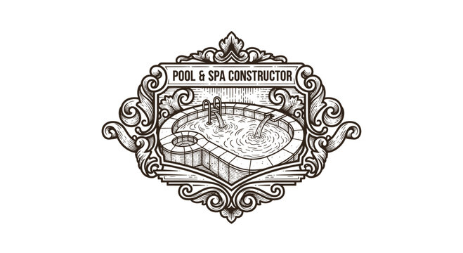 Vintage Engraved Pool and Spa Constructor Emblem with Jacuzzi and Water Features