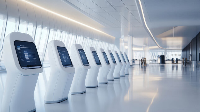 A high-end airline check-in zone features sleek self-service kiosks with touchscreen panels where passengers interact in real time, highlighting the digital future of airport travel and automation.