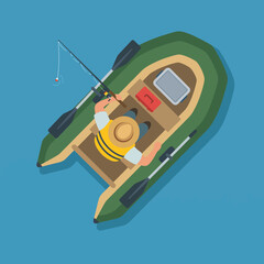 Fototapeta premium A serene scene depicting a lone fisherman on a small boat, casting his line into a tranquil blue lake while enjoying the great outdoors and the peaceful ambiance.