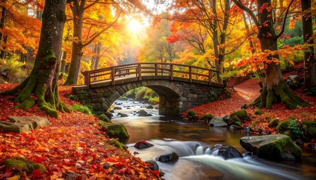 A sunlit autumn scene an arched stone bridge spans a flowing stream. Trees with fiery foliage frame the tranquil vista