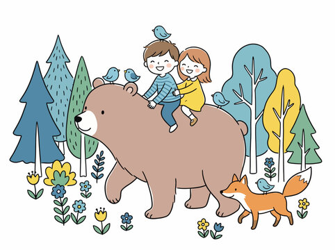 Two joyful children ride atop a friendly bear, surrounded by trees and flowers, capturing a whimsical and adventurous moment in a vibrant, magical forest setting.