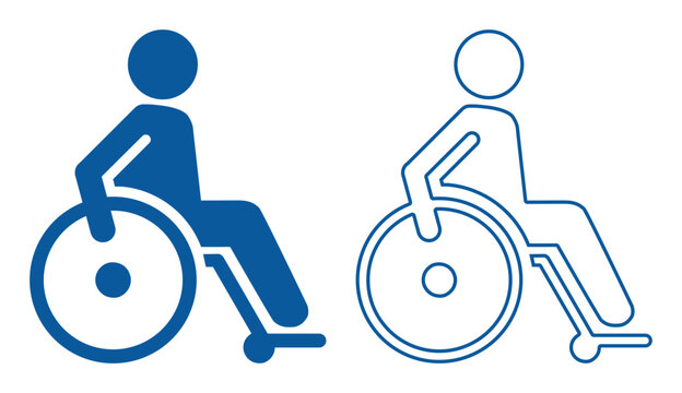 Wheelchair user icon pair in blue, outlined and filled, accessibility symbol. Ideal for accessibility, disability support, or inclusive design.