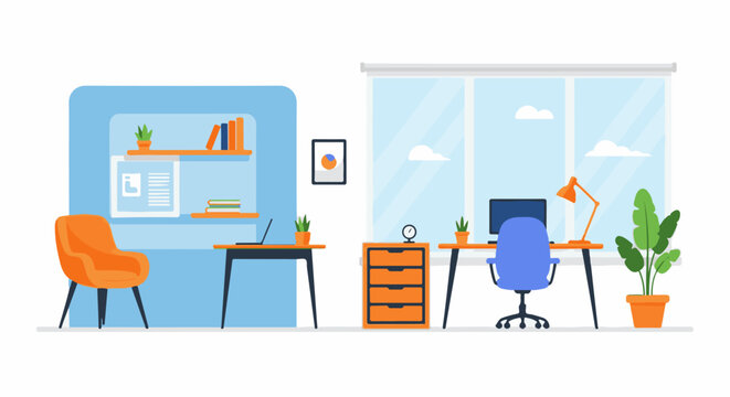 A bright, modern home office with a large window, two desks, a comfy chair, and plants