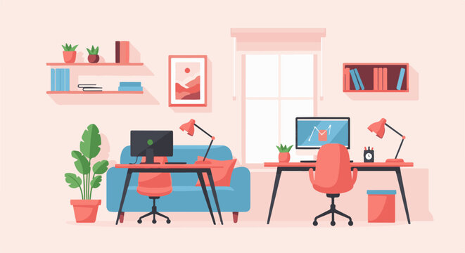 A home office with two desks, chairs, computers, plants, and a sofa