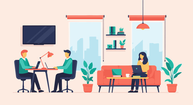 Three people working on laptops in a bright, modern office space with plants and city view