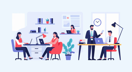 Fototapeta premium Employees working collaboratively at desks in a modern office environment