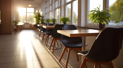 Fototapeta premium Sunlit cafe interior with modern tables and chairs by large featuring potted plants and bright sunbeams