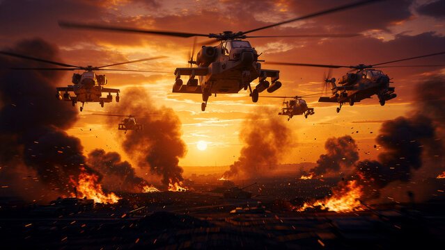 A formidable squadron of modern military attack helicopters, powerfully equipped with advanced weaponry and missile pods, rapidly traverses a vast, dramatic orange and red sky, showcasing intense