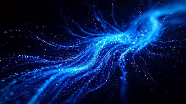 Blue light beams radiating from center with particles in dark space