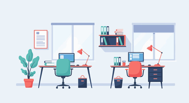 Two modern workstations with computers, lamps, plants, and shelves