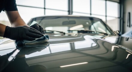 Fototapeta premium Car detailing process Man polishing a classic car with microfiber cloth.